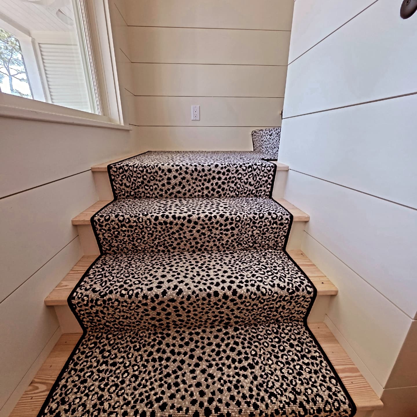 Leopard print stair runner with black binding